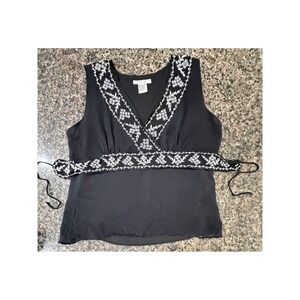 I.C.E. Womens Black 100% Silk Embroidered V-Neck Sleeveless Blouse Size L